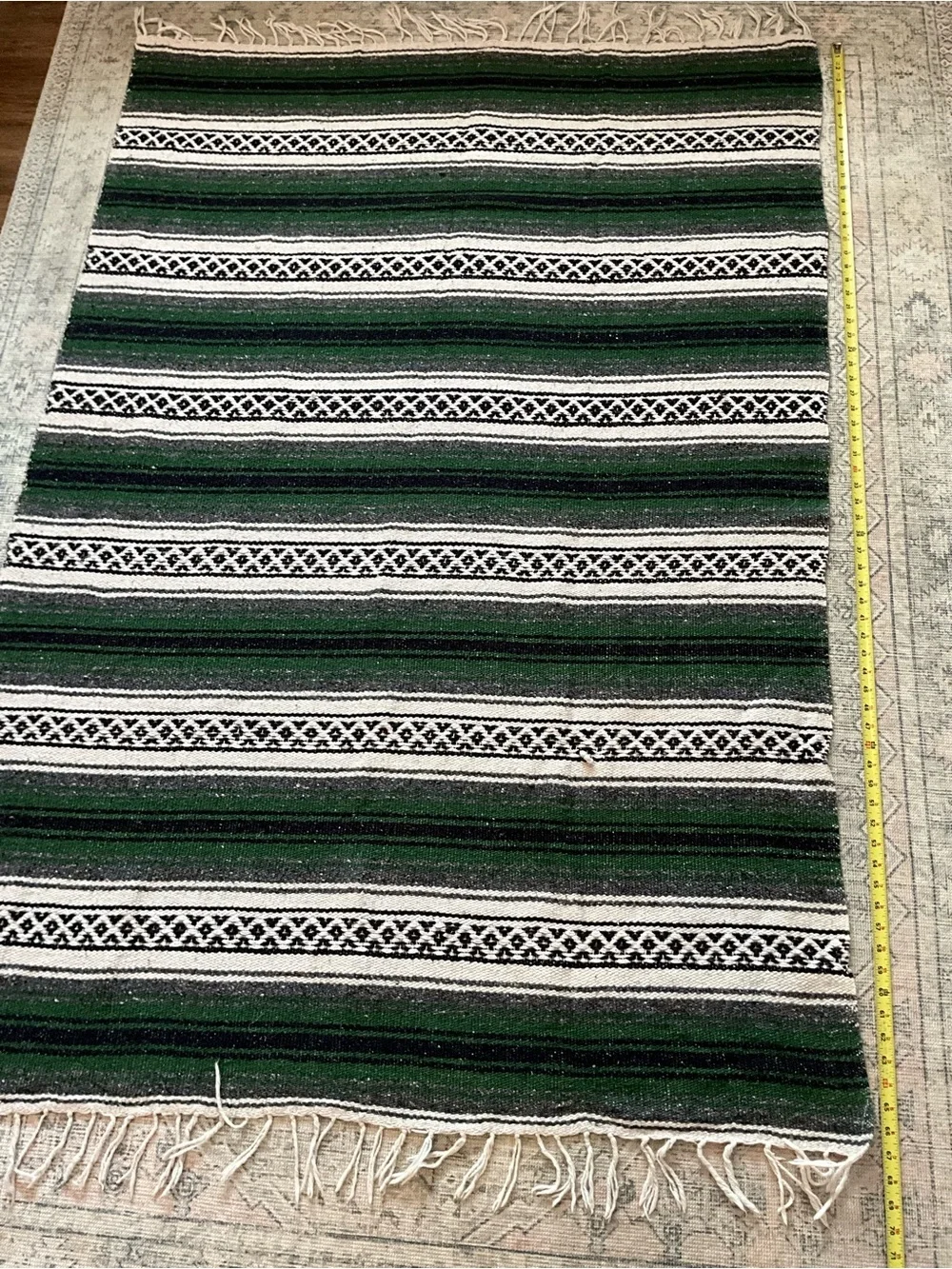 Mexican Serape Throw Blanket Woven Striped Green Black White with Fringe